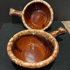 Vintage Hull Brown Drip Glaze Soup Bowls Handled Crocks Set of 2 Oven Proof USA